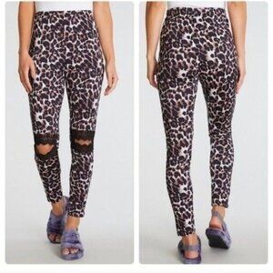 Leopard Print High-Waisted Leggings With Black Lace Cut-Out Knees-NEW
